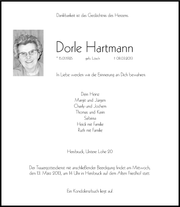 Traueranzeige von Dorle Hartmann von Hersbrucker Zeitung